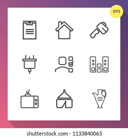 Modern, simple vector icon set on gradient background with delivery, transportation, television, plan, box, tool, pottery, plug, personal, player, cell, video, jug, audio, hammer, sound, mobile icons