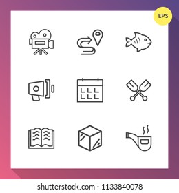 Modern, simple vector icon set on gradient background with road, page, sea, food, equipment, book, location, route, oar, classic, fish, time, announcement, water, paddle, navigation, video, gps icons