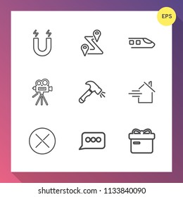Modern, simple vector icon set on gradient background with sign, holiday, retro, field, rent, close, message, speech, tripod, education, chat, property, gps, pointer, home, shovel, magnet, rail icons