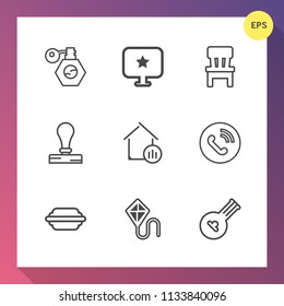 Modern, simple vector icon set on gradient background with kite, folk, call, bottle, hamburger, container, cosmetic, beauty, envelope, computer, interior, perfume, stationery, house, sign, chair icons