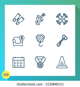 Modern, simple vector icon set on gradient background with key, timetable, helicopter, concept, ladder, security, search, interior, win, construction, drone, earth, couch, up, award, see, door icons