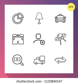 Modern, simple vector icon set on gradient background with car, travel, vehicle, lamp, pie, presentation, graph, template, modern, diagram, substitute, light, space, business, illumination, data icons