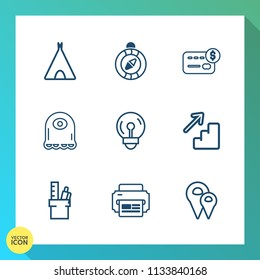 Modern, simple vector icon set on gradient background with monster, south, tent, balance, light, equipment, landscape, business, travel, energy, bank, outdoor, down, adventure, money, nature, up icons