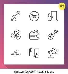 Modern, simple vector icon set on gradient background with air, purse, surf, cancel, home, gasoline, open, man, lamp, cart, electric, finance, fuel, web, ventilator, shop, musical, tropical, fan icons