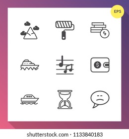 Modern, simple vector icon set on gradient background with roll, panorama, musical, hill, sky, roller, wallet, ocean, finance, message, brush, top, sand, ship, blue, yacht, timer, work, tool icons