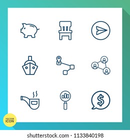 Modern, simple vector icon set on gradient background with economy, boat, piggy, find, communication, label, location, message, room, ship, web, furniture, vessel, investment, chair, frame, pig icons