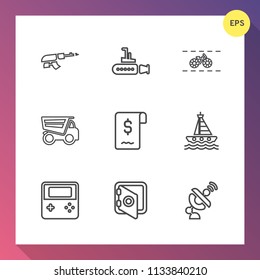 Modern, simple vector icon set on gradient background with army, black, global, business, machine, tipper, ship, military, wheel, arrow, web, technology, automatic, assault, marine, security icons