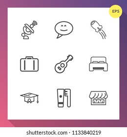 Modern, simple vector icon set on gradient background with bag, science, white, galaxy, hygiene, spaceship, musical, system, music, health, dialog, travel, furniture, earth, bedroom, satellite icons