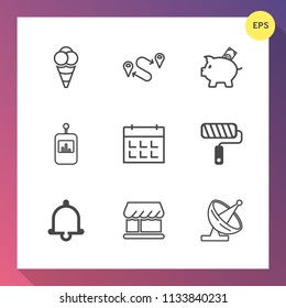 Modern, simple vector icon set on gradient background with control, tv, investment, roller, destination, curtain, position, dish, travel, technology, bank, communication, ball, shop, bell, money icons