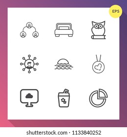 Modern, simple vector icon set on gradient background with morning, hotel, sun, sunrise, white, display, landscape, drink, communication, cute, home, owl, organization, people, house, furniture icons
