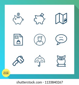 Modern, simple vector icon set on gradient background with notebook, grocery, world, message, male, white, chat, market, pig, list, business, axe, bubble, protection, umbrella, travel, europe icons