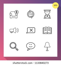 Modern, simple vector icon set on gradient background with message, call, closed, bubble, paper, operator, clock, headset, hourglass, speech, home, timer, modern, chat, communication, furniture icons