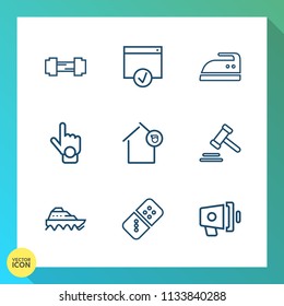 Modern, simple vector icon set on gradient background with lawyer, legal, clothes, white, domestic, training, speaker, physical, business, sign, page, megaphone, courthouse, ironing, gym, sport icons