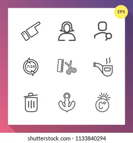 Modern, simple vector icon set on gradient background with hand, internet, anchor, male, computer, account, white, pipe, hairdresser, garbage, finger, call, support, classic, scale, hair, girl icons