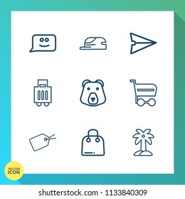 Modern, simple vector icon set on gradient background with travel, smile, clothing, palm, object, emotion, grizzly, paper, sale, happy, face, luggage, internet, cart, sign, nature, market, wild icons