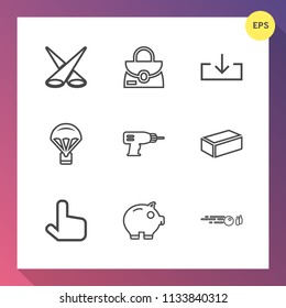 Modern, simple vector icon set on gradient background with sport, material, leather, light, sign, extreme, ball, scene, hit, spot, object, bag, click, jump, sky, parachute, spotlight, strike icons