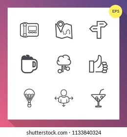 Modern, simple vector icon set on gradient background with map, style, travel, pin, extreme, up, arrow, summer, parachute, drink, jump, navigation, success, juice, cup, mug, place, glass, hand icons