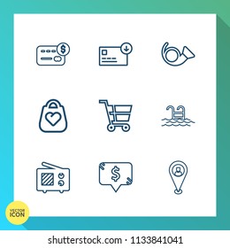 Modern, simple vector icon set on gradient background with travel, object, cash, purchase, business, communication, square, leather, antenna, shop, payment, finance, signal, hand, retail, cart icons