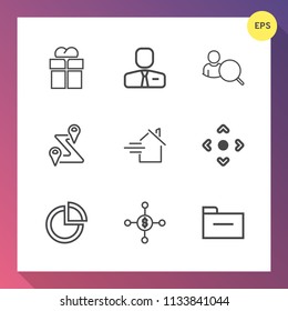 Modern, simple vector icon set on gradient background with estate, folder, finance, route, package, document, button, road, ribbon, money, surprise, web, property, employer, gift, office, file icons