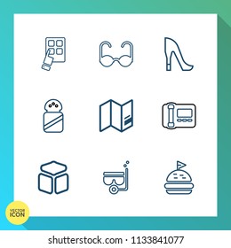 Modern, simple vector icon set on gradient background with mobile, snorkel, female, water, spice, digital, cube, leather, office, travel, mask, elegant, vision, lunch, white, shoe, sea, sandwich icons