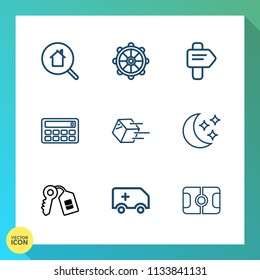 Modern, simple vector icon set on gradient background with car, search, home, house, sky, direction, property, travel, calculator, sport, button, rudder, key, star, night, technology, pitch, way icons