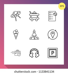 Modern, simple vector icon set on gradient background with box, street, office, location, meal, music, audio, late, space, bed, spaceship, technology, cream, breakfast, headset, sign, car, room icons