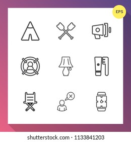 Modern, simple vector icon set on gradient background with tent, furniture, web, concept, chair, summer, lamp, boat, cancel, speaker, clean, announcement, hand, business, nature, profile, minute icons