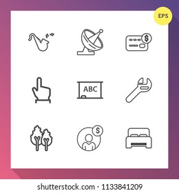 Modern, simple vector icon set on gradient background with trumpet, communication, account, button, jazz, spanner, forest, chalkboard, instrument, click, balance, orchestra, wireless, bank, card icons