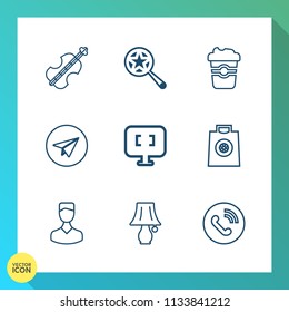 Modern, simple vector icon set on gradient background with lamp, coffee, drink, violoncello, sound, email, table, business, classical, message, magnifier, switch, bulb, music, communication, pc icons