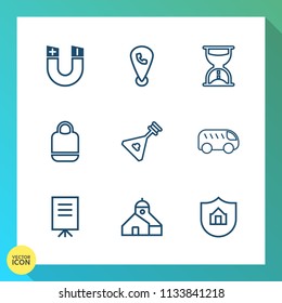 Modern, simple vector icon set on gradient background with object, business, protection, music, magnetic, phone, building, map, businessman, timer, move, home, fashion, instrument, attraction icons