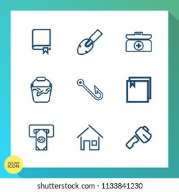 Modern, simple vector icon set on gradient background with finance, home, kit, first, shovel, estate, equipment, school, textbook, architecture, cross, house, bank, hammer, knowledge, literature icons