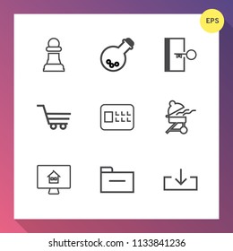 Modern, simple vector icon set on gradient background with chessboard, retail, technology, estate, challenge, piece, barbecue, grill, trolley, download, lab, tool, chess, web, business, strategy icons
