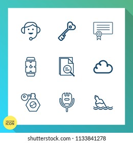 Modern, simple vector icon set on gradient background with music, service, door, cloud, lock, song, bottle, karaoke, call, center, diploma, support, zoom, certificate, minute, hand, elegant, key icons
