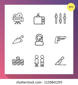 Modern, simple vector icon set on gradient background with girl, storage, retro, people, business, storehouse, gun, display, industrial, clinic, medical, doctor, pistol, movie, equality, tripod icons