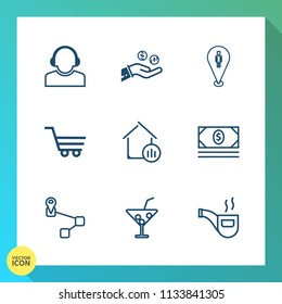 Modern, simple vector icon set on gradient background with coin, summer, center, estate, bank, customer, help, web, navigation, juice, vintage, operator, hand, real, cart, travel, drink, team icons