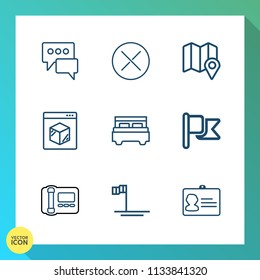 Modern, simple vector icon set on gradient background with phone, communication, speech, blue, map, online, america, sign, identification, no, dialog, mexico, national, stationary, chat, id, bed icons