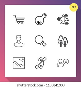 Modern, simple vector icon set on gradient background with transportation, profile, science, lab, aircraft, equipment, trolley, paddle, nature, avatar, tooth, scenery, boat, photography, forest icons