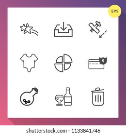 Modern, simple vector icon set on gradient background with drink, business, star, download, meteor, medicine, glass, trash, wine, alcohol, button, abstract, web, cash, bin, falling, bodysuit icons