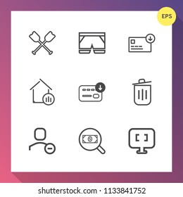 Modern, simple vector icon set on gradient background with bin, sport, clothing, canoe, real, user, template, sack, find, oar, account, cash, river, money, trash, fashion, computer, estate, bag icons