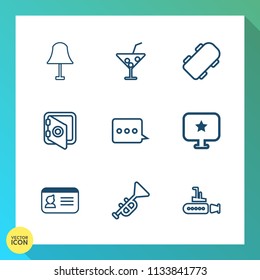 Modern, simple vector icon set on gradient background with sign, bulb, ice, bank, id, drink, banking, summer, trumpet, glass, computer, skate, light, cold, alcohol, name, identification, safe icons