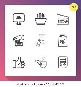 Modern, simple vector icon set on gradient background with mobile, tasty, retail, vintage, volume, hand, retro, success, media, cloud, gramophone, dish, modern, buy, soup, sign, good, radio, hot icons