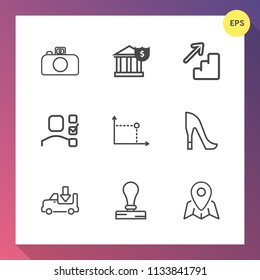 Modern, simple vector icon set on gradient background with truck, plan, downstairs, female, shoe, lorry, lens, concept, financial, bank, white, paper, finance, up, sign, office, shipping, cash icons