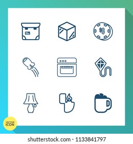 Modern, simple vector icon set on gradient background with light, rocket, oven, cooking, passenger, technology, phone, box, fun, casino, people, package, pass, pretty, table, cafe, product, game icons