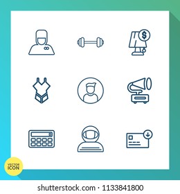 Modern, simple vector icon set on gradient background with fitness, sport, astronaut, luggage, bag, electricity, fashion, music, bellboy, retro, light, profile, button, lamp, summer, swimsuit icons