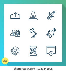 Modern, simple vector icon set on gradient background with satellite, team, sand, staff, staircase, lamp, office, construction, dish, , climb, download, step, stair, marketing, person, ladder icons