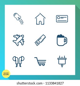 Modern, simple vector icon set on gradient background with home, airplane, cart, aircraft, plug, audio, finance, hammer, sound, real, travel, flight, plane, shop, construction, mug, rocket, cafe icons