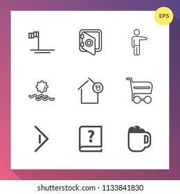 Modern, simple vector icon set on gradient background with baja, cafe, security, finance, buy, button, blue, pointing, home, house, sun, safety, mug, nature, paper, bank, sunrise, sea, beach icons