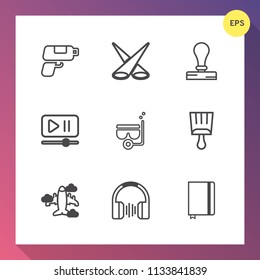 Modern, simple vector icon set on gradient background with sea, button, concept, plane, scene, pistol, audio, element, bright, paper, airplane, brush, book, summer, retro, illuminated, light icons