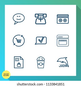Modern, simple vector icon set on gradient background with market, cafe, message, chat, dialog, contact, notebook, equipment, nature, music, cart, retro, shopping, stereo, drink, bubble, tape icons