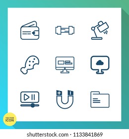 Modern, simple vector icon set on gradient background with folder, business, exercise, video, fit, pole, website, gym, physical, finance, active, office, activity, meal, player, wallet, fast icons